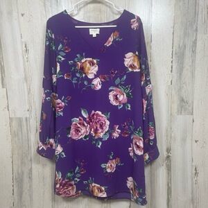 Everly Dress size M Purple Floral Long‎ Sleeve V-Neck Roses Lined Anthropologie